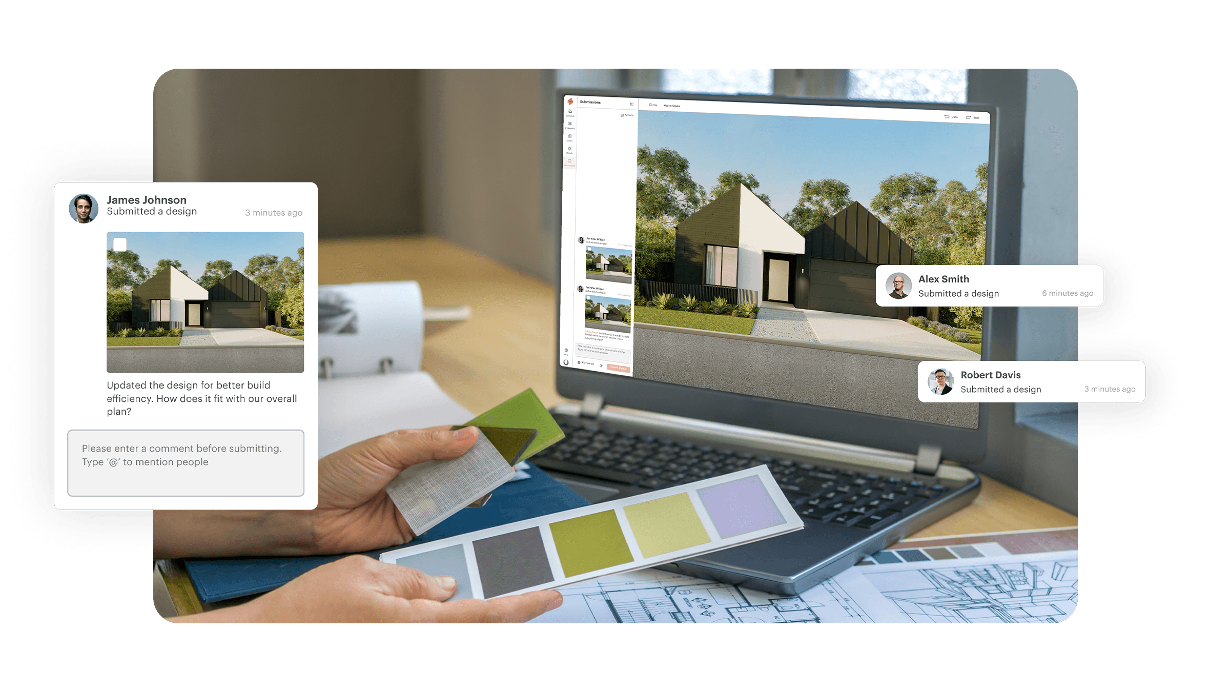 Architect reviewing material samples with digital home design on SpecifierHub platform, facilitating efficient project collaboration and decision-making.